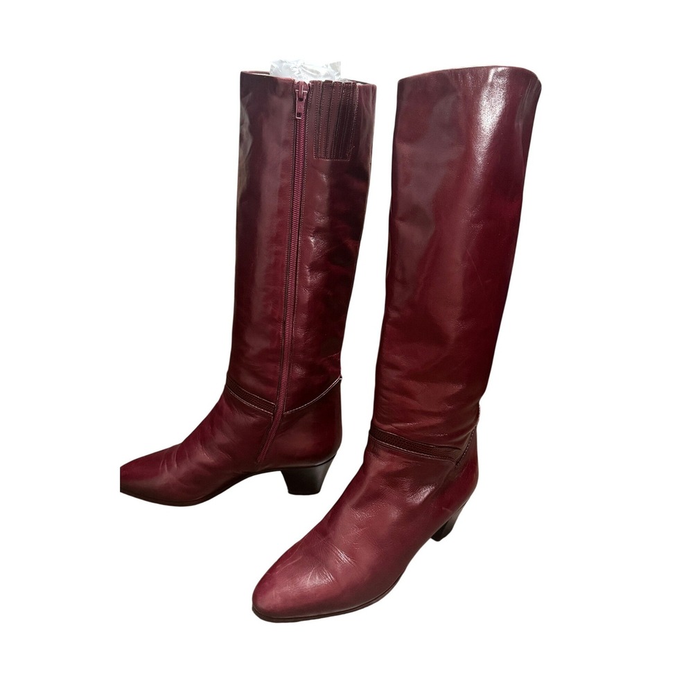 Bally Leather Tall Boots Burgundy Block Heel Italy Sz 6.5 M Vintage Retro Kitten